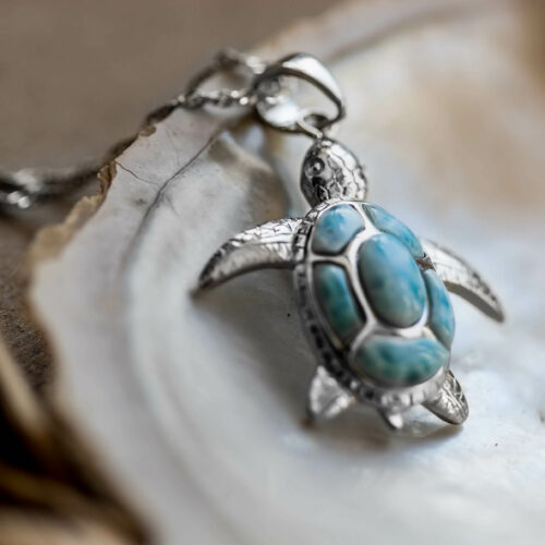 925 Sterling Silver and Larimar Black Turtle Necklace (Chelonia mydas) to support conservation