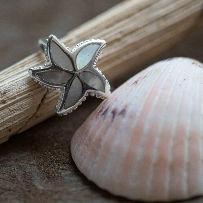 925 Sterling Silver and nacre chocolate chip sea star (Nidorellia armata) starfish ring to support conservation