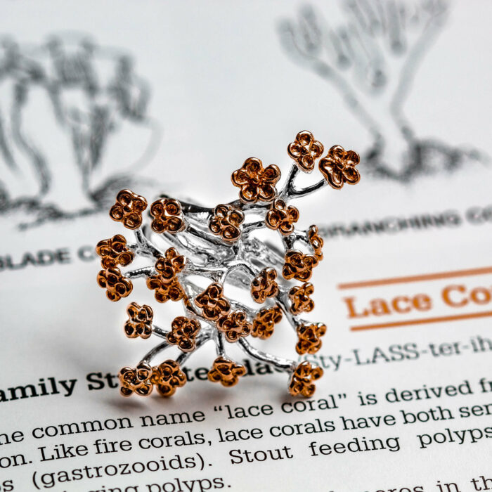925 sterling Silver coral sclerites ring to support marine conservation efforts on coral reefs and other organisms