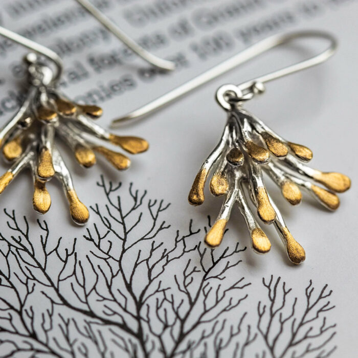 925 sterling Silver gold color plated hanging earrings for luxurious beach lifestyle lovers who want to support marine conservation and community empowerment, science and sdg14