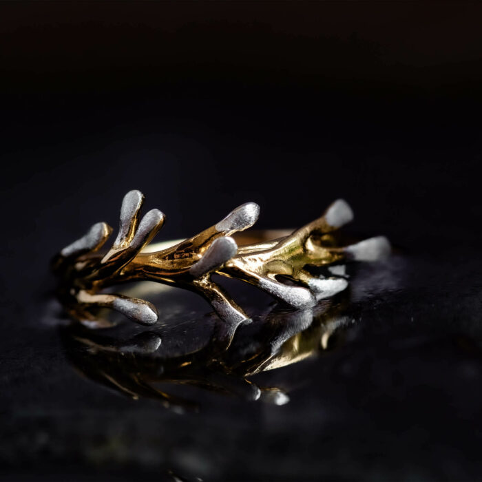 Pocillopora coral ring made of 925 sterling Silver and gold plated for beach lifestyle and coral reef conservation activists who wish to support marine conservation and community empowerment in costa rica