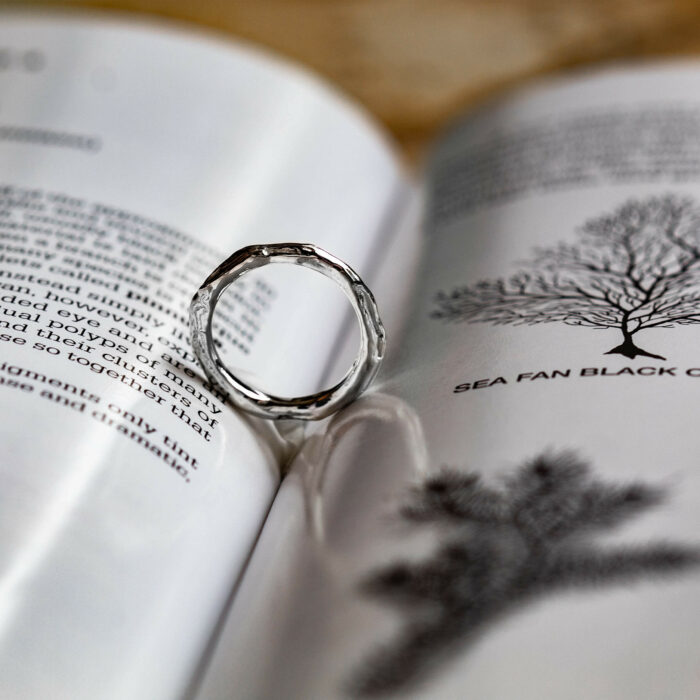 925 sterling Silver gold color plated luxury jewelry photo of an antipatharian black coral skeleton ring for beach and ocean lovers who want to support marine conservation, community empowerment, science, women in science and sdg14