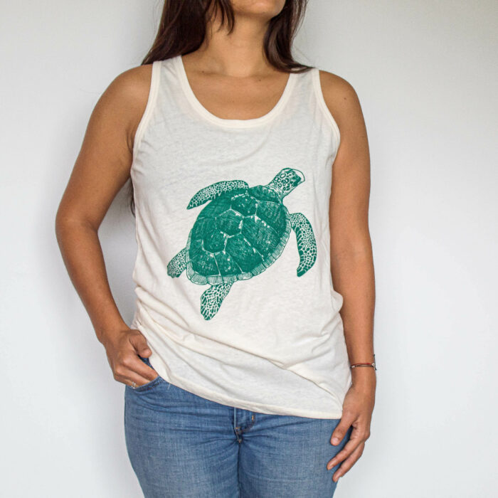 women apparel sleeveless shirt with a green turtle to support local artisans of costa rica and marine conservation