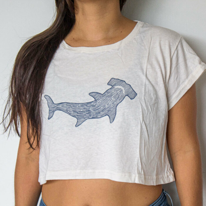 women apparel croptop with a hammerhead shark to support local artisans of costa rica and marine conservation