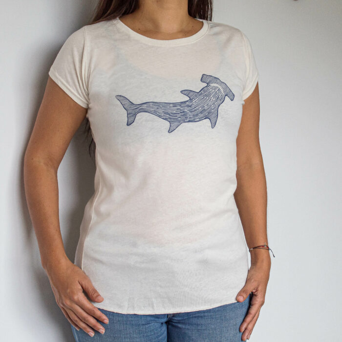 women apparel t-shirt with a hammerhead shark to support local artisans of costa rica and marine conservation