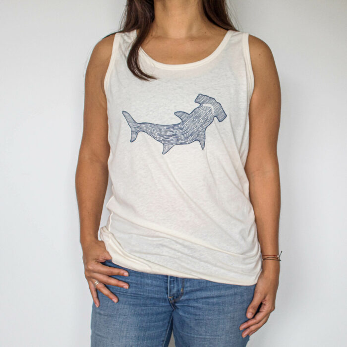 women apparel sleeveless shirt with a hammerhead shark to support local artisans of costa rica and marine conservation