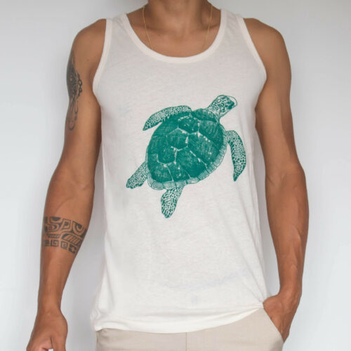 men apparel sleeveless shirt with a green turtle to support local artisans of costa rica and marine conservation