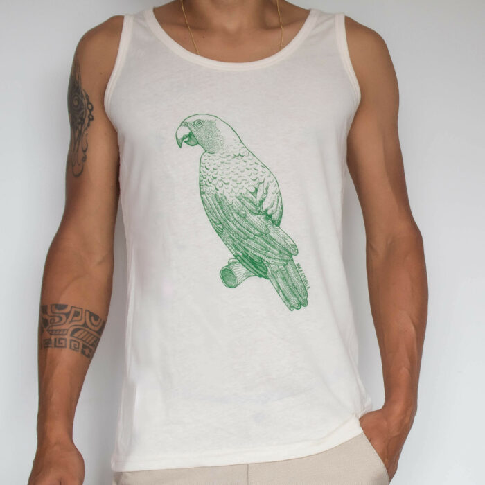men apparel sleeveless shirt with a yellow napped parrot to support local artisans of costa rica and marine conservation