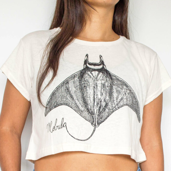 women apparel croptop shirt with a mobula ray to support local artisans of costa rica and marine conservation