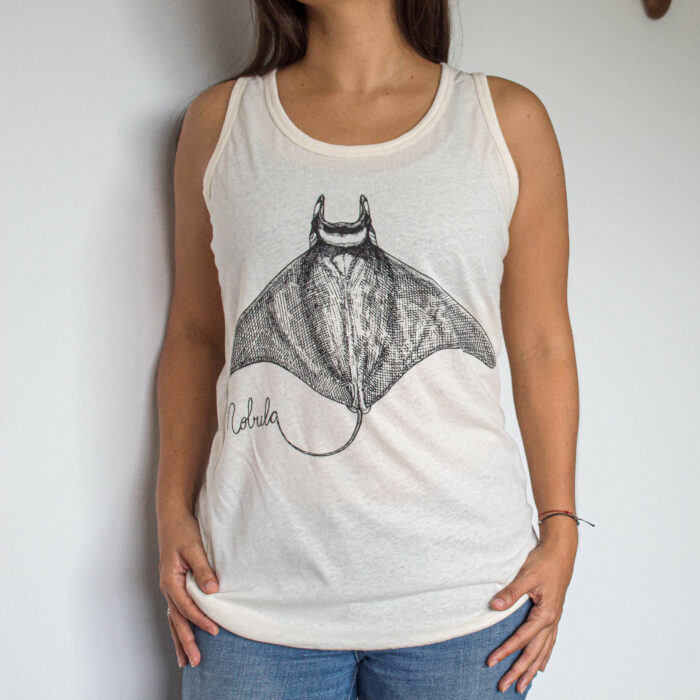 women apparel sleeveless shirt with a mobula ray to support local artisans of costa rica and marine conservation