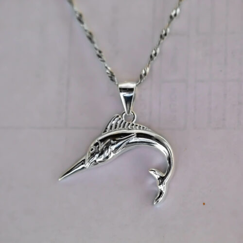 Black marlin billfish necklace made of 925 sterling Silver for beach lifestyle and reef conservation activists who wish to support marine conservation and community empowerment in ngos in costa rica and the eastern Pacific Ocean as well as sport fishing maniacs
