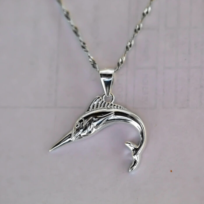 Black marlin billfish necklace made of 925 sterling Silver for beach lifestyle and reef conservation activists who wish to support marine conservation and community empowerment in ngos in costa rica and the eastern Pacific Ocean as well as sport fishing maniacs