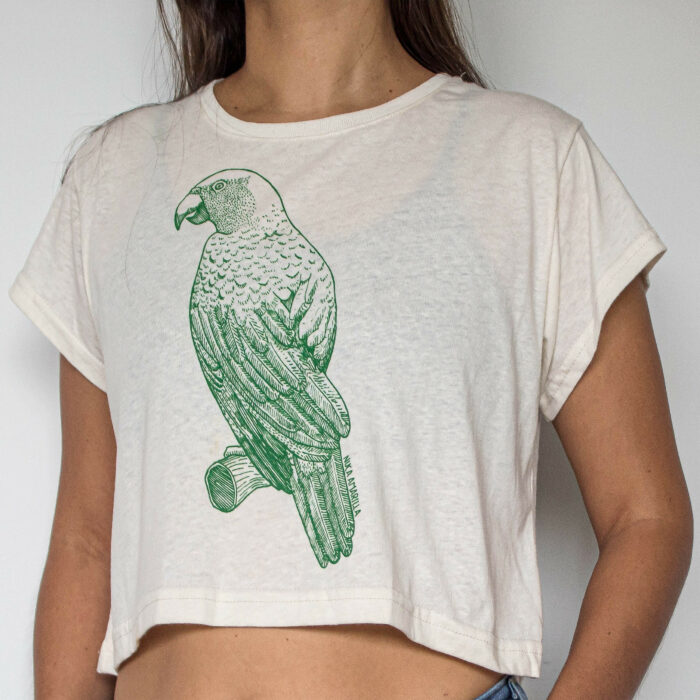 women apparel croptop with a yellow napped parrot to support local artisans of costa rica and marine conservation