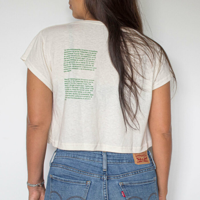 women apparel croptop shirt with a yellow napped parrot to support local artisans of costa rica and marine conservation