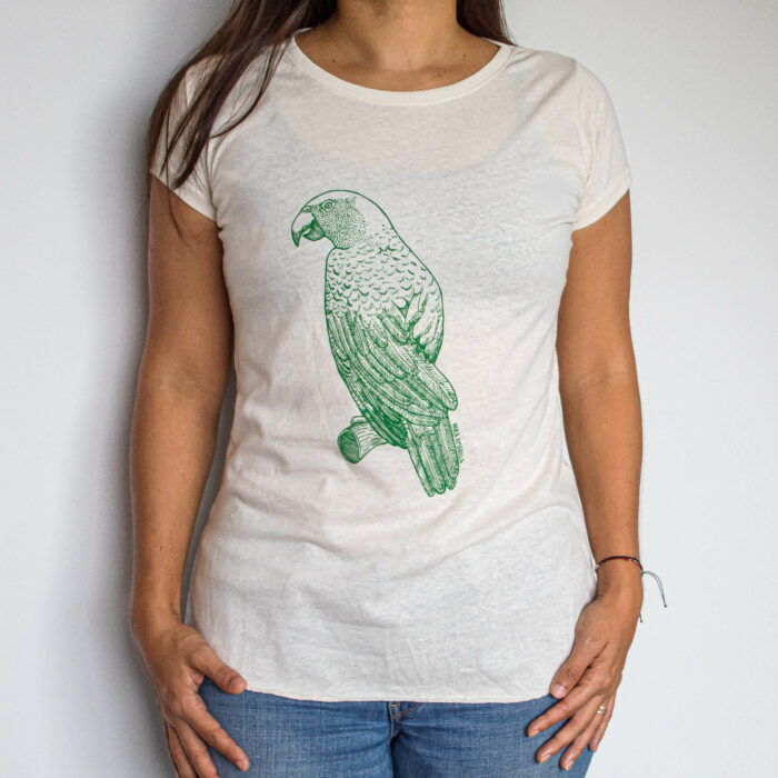 women apparel t-shirt with a yellow napped parrot to support local artisans of costa rica and marine conservation