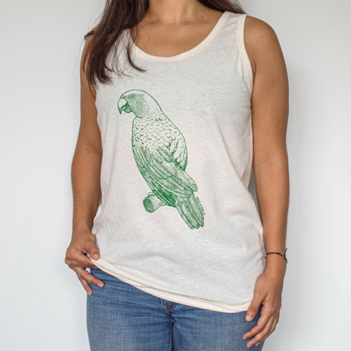 women apparel sleeveless shirt with a yellow napped parrot to support local artisans of costa rica and marine conservation